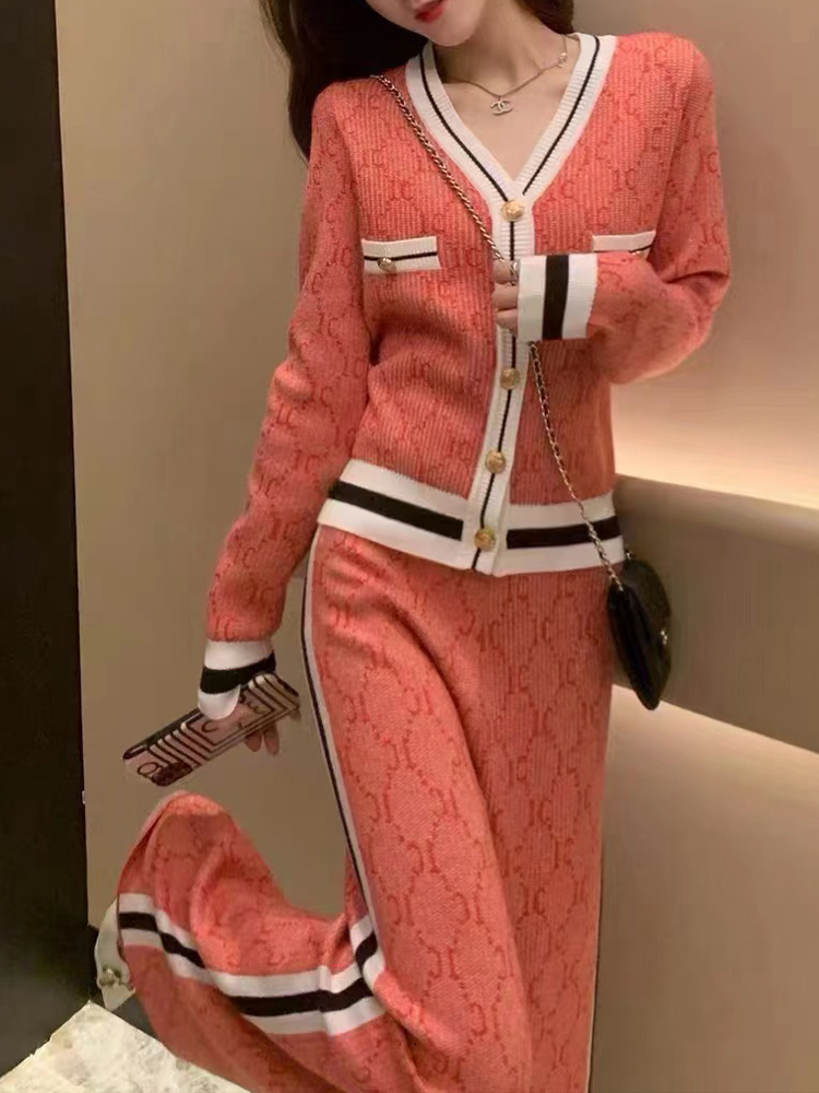 Casual V-Neck Single Breasted Knitted Cardigan+Wide Leg Pants Two-Piece Set Autumn New Fashionable Women's Clothing