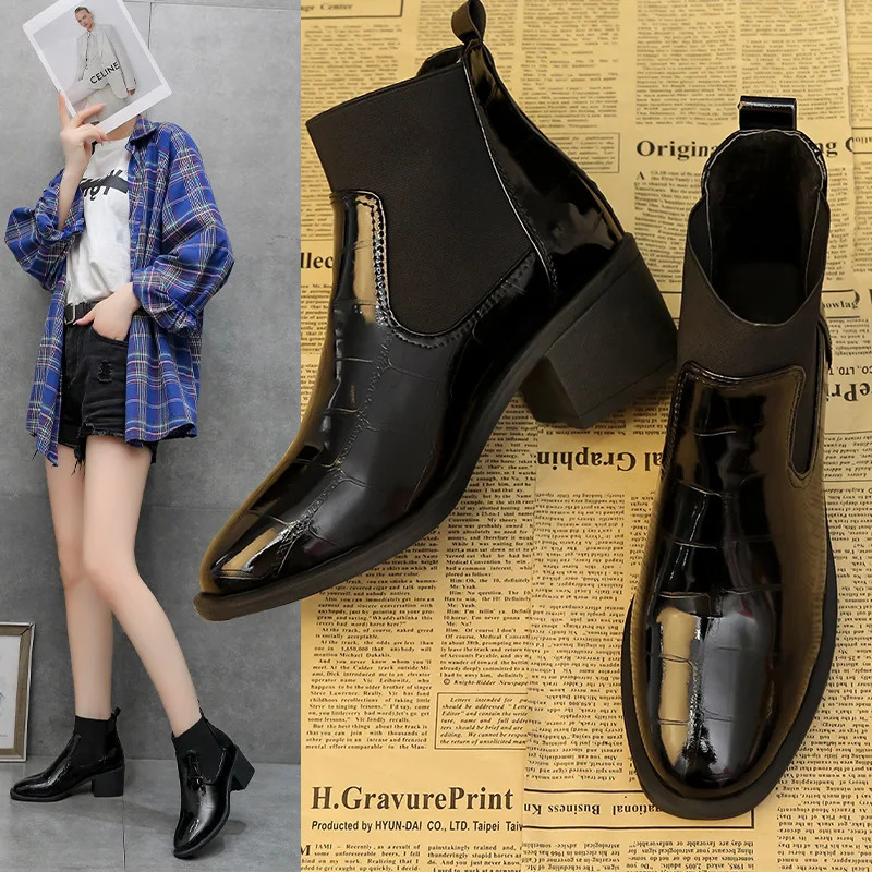 Chelsea Womens Boots Autumn/Winter UK Lace Leather Mid Heel Boots Round Toes High Heels Shiny Leather Womens Boots 241206