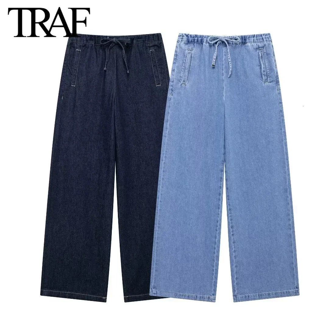 TRAF Women Fashion Denim Single Breasted Longsleeved Lapels Shirt Ladies High Waist Jogging Style Pants Jeans Twopiece Set 241202