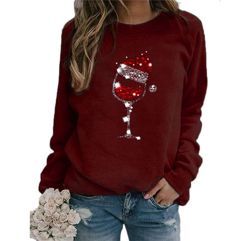 Autumn/Winter European and American Christmas Wine Cup Printed Long Sleeve Round Neck T-shirt Women's Wear 2024 New Casual Versatile Fashion Clot