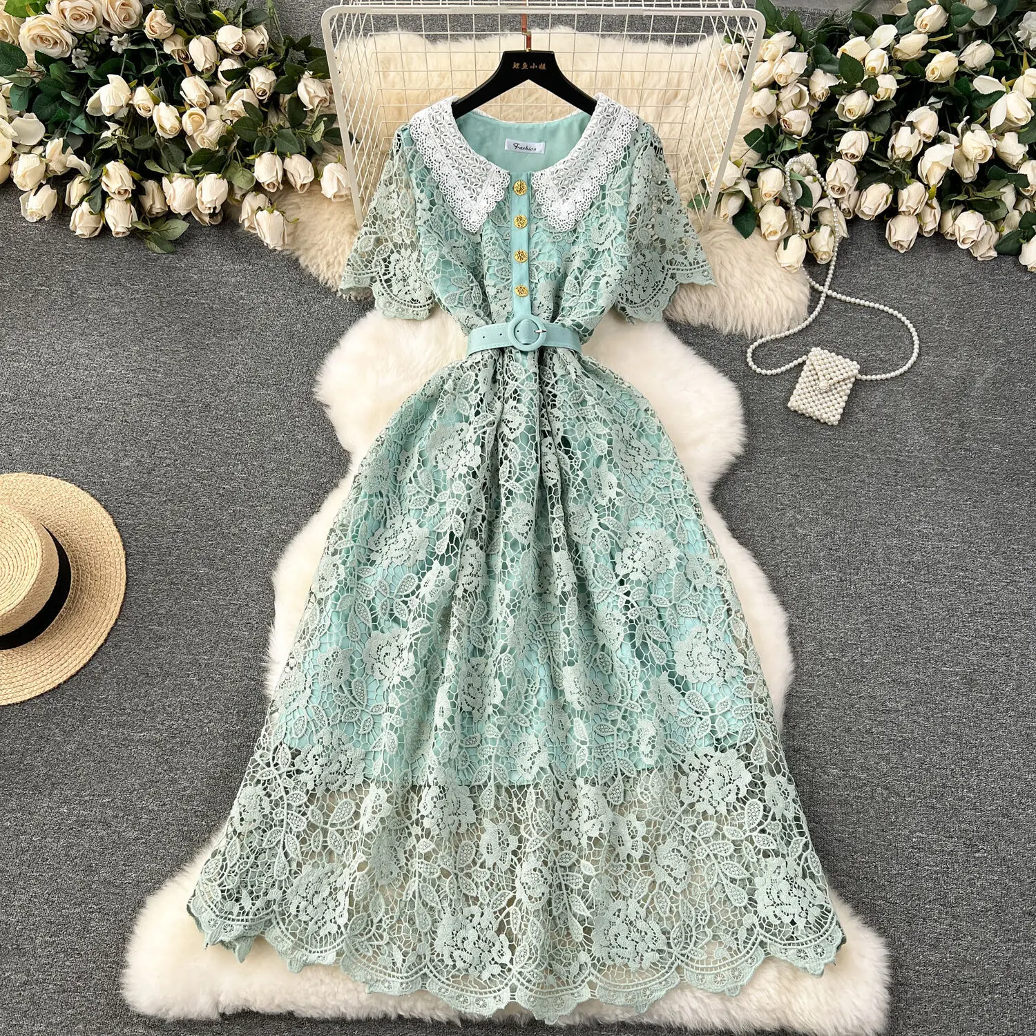 Basic Casual Dresses Vintage Summer Autumn Lace Evening Long Dress Women Short Sleeves Single Breasted Peter Pan Collar Midi Vestidos Party Robe 2025