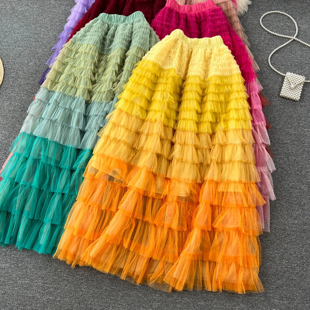 Colorful Rainbow Stripe Mesh Tulle Skirts Women 2023 Summer Autumn Long Maxi Skirt Fashion Elegant Elastic Waist 2025