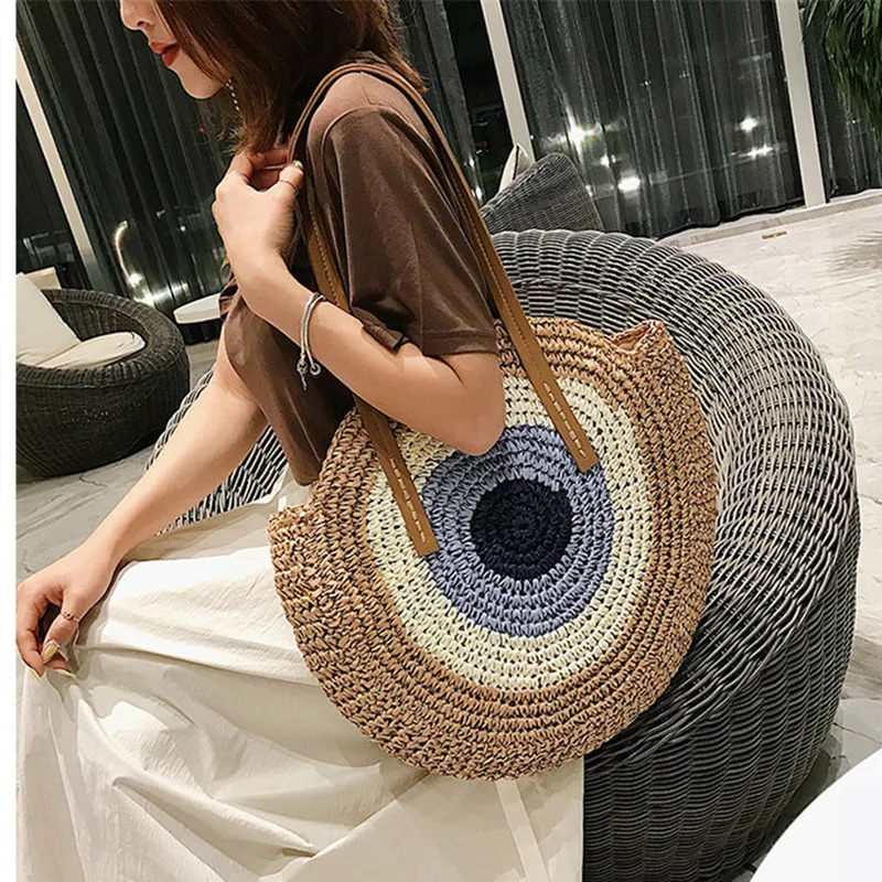Large Capacity Round Women Fashionable Straw Woven Shoulder Bag Handmade Summer Beach Travel Holiday Tote Bags 241203