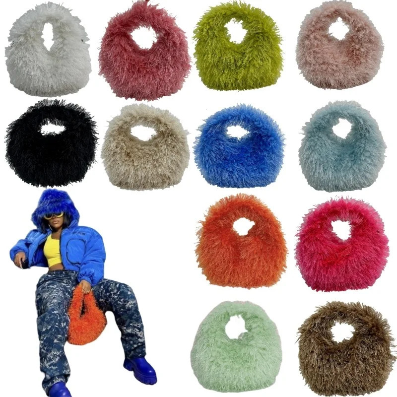 Winter Small Tramp Bag Fashion Knotting Artificial Fur Handbag Womens Fur Short Handbag Soft Clutch Plush Warm Bag 241206