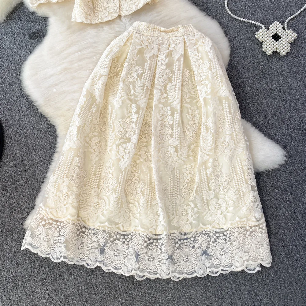 Two Piece Dress 2025 Designer Summer Holiday Flower Embroidery Lace Two Piece Women Sets Pearls Button Jacket Tops Midi Long Skir