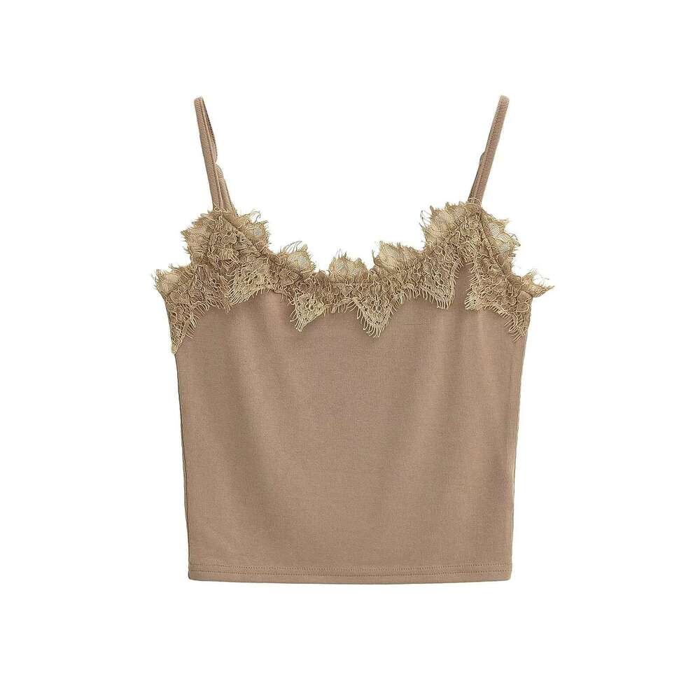 Spicy Girl Retro Lace Edge Bottom Small Women's Summer Elastic Slimming Short Strap Tank Top Trendy 2024 New Style Stylish and Elegant Clothing