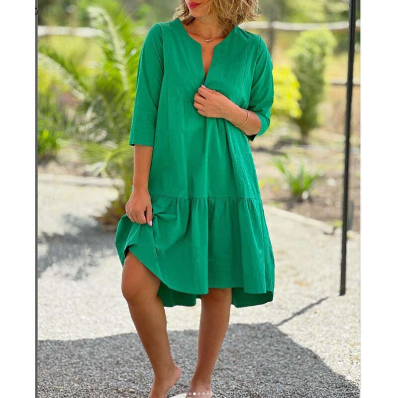 summer European American women's fresh sweet V-neck solid color cotton and en large swing long dress 2024 new casual fashion trend clothing