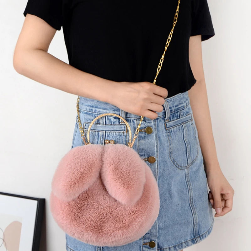 Womens handbag fashionable and simple plush chain bag shoulder cross zipper buckle rabbit ear 241206