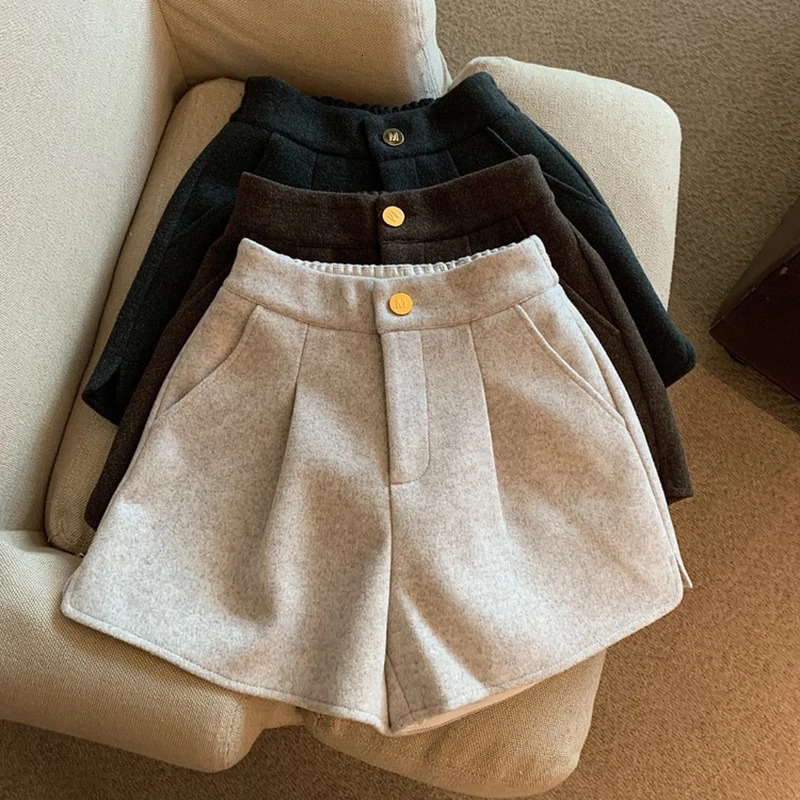 MEXZT Street Clothing Wool Shorts Womens Fashion Sexy Wide Leg Shorts Winter Womens Korean Elegant Thick Shorts 241206