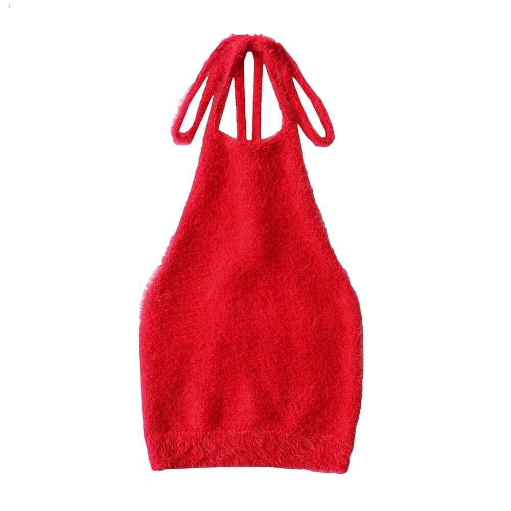 European and American INS sexy slim fit neck tied plush vest for women with backless knitted camisole 2024 new casual fashion trend clothing
