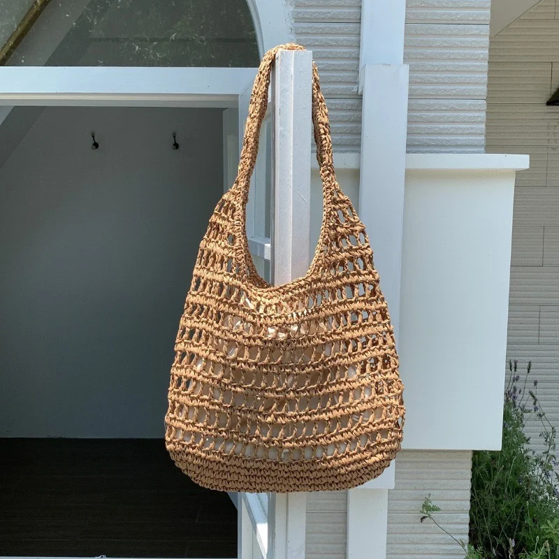 Summer Women Beach Tote Handbags Rattan Crochet Shoulder Bag Casual Commute Vintage Straw Woven 241203