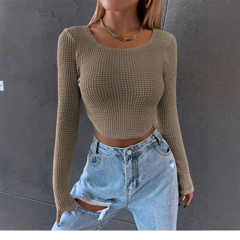 Spring/Summer European and American Women's Tight Sexy Zipper Knitted Shirt Short Wide Collar Long Sleeve T-shirt 2024 Versatile New Trendy Cloth