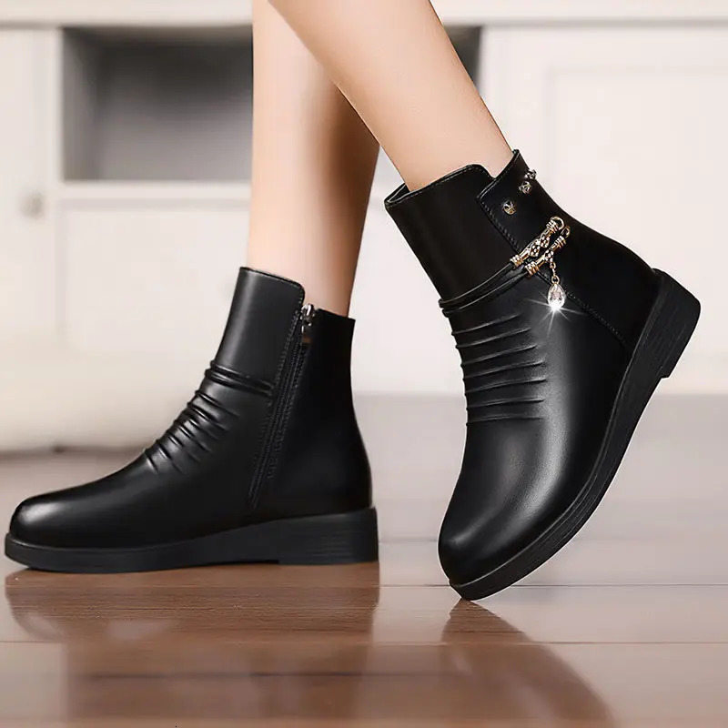 Leather Womens Boots 2024 Winter Thick Wool Lining Genuine Snow Large Size Shoes 241206