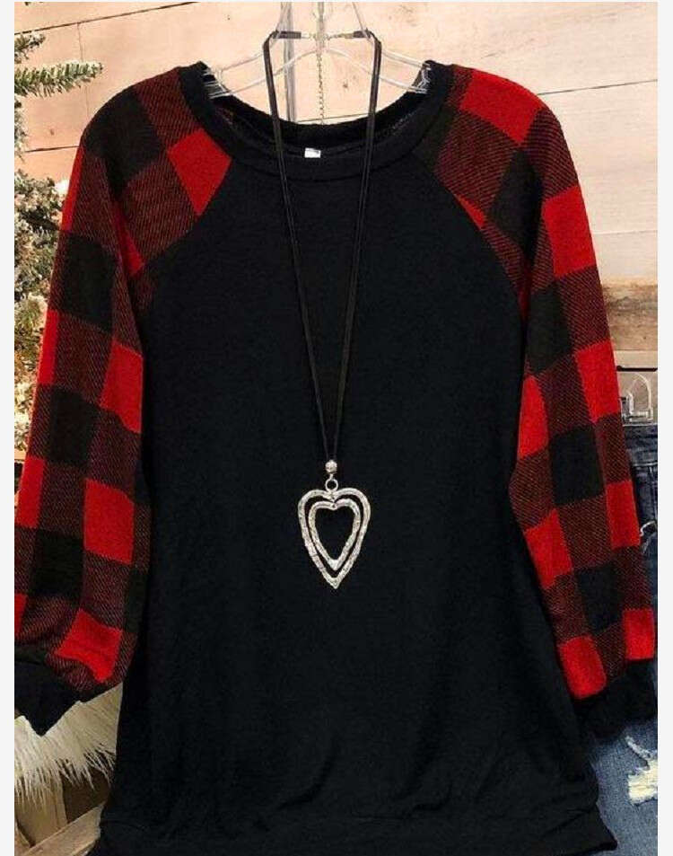 Spring and Autumn 2020 round neck loose fitting base shirt plaid top t-shirt for women 2024 new casual fashion trend clothing