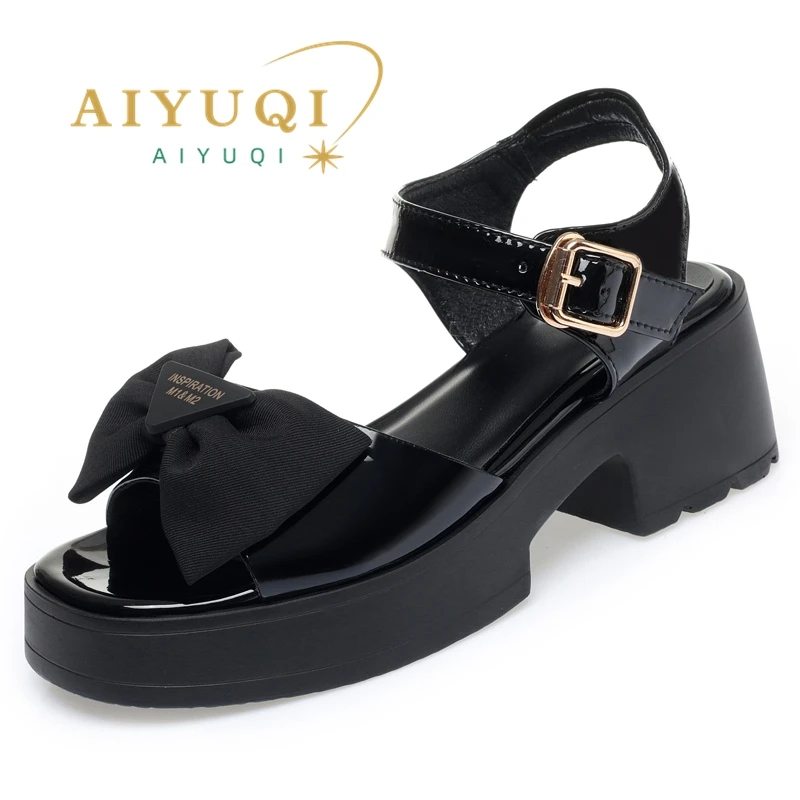 AIYUQI Girls Sandals Summer Hollow Women's Sandals Mid Heel Fashion Bow Sandals Ladies