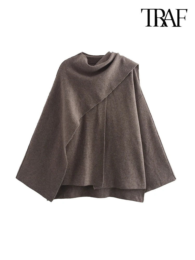 TRAF Womens Fashion Fall Winter Chic Scarf Jacket Long Sleeve Knitted Asymmetric Sexy Split Hem Loose Short 241202
