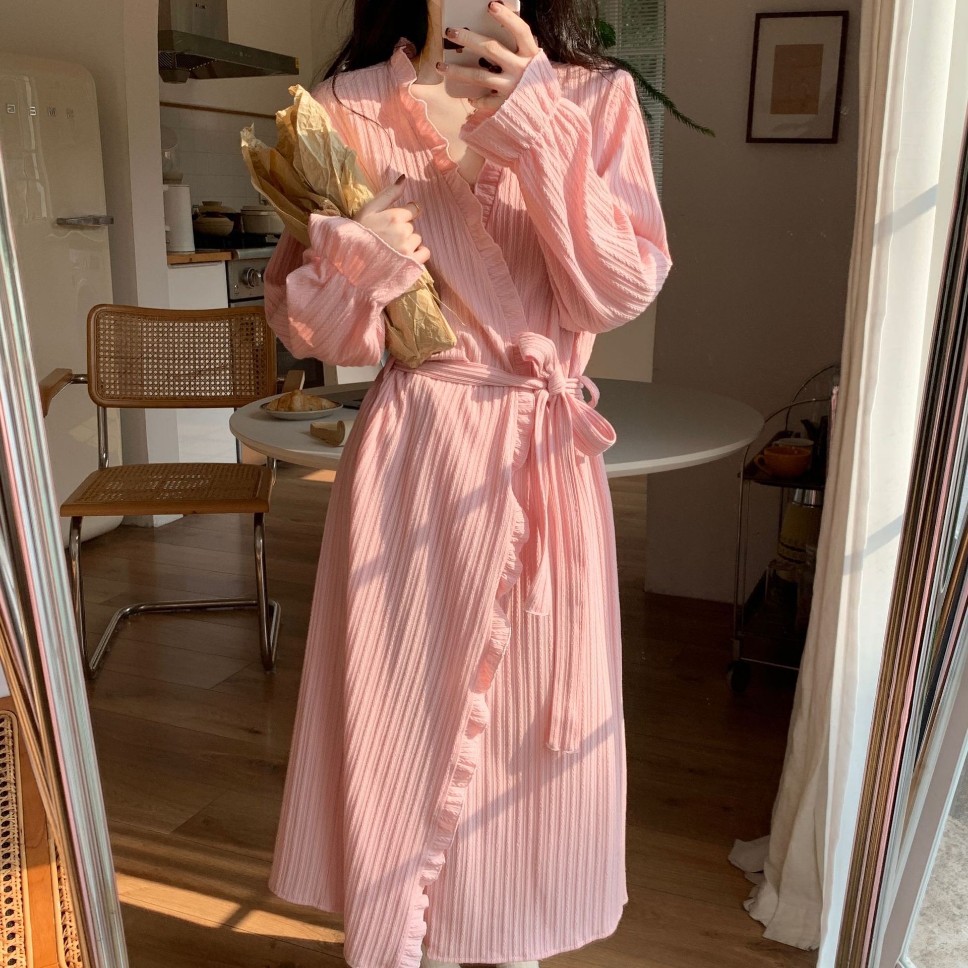 2025 Designer s new women s black wood ear fashion nightgown autumn and winter fairy style simple solid color suspender bathrobe medium to long loose 