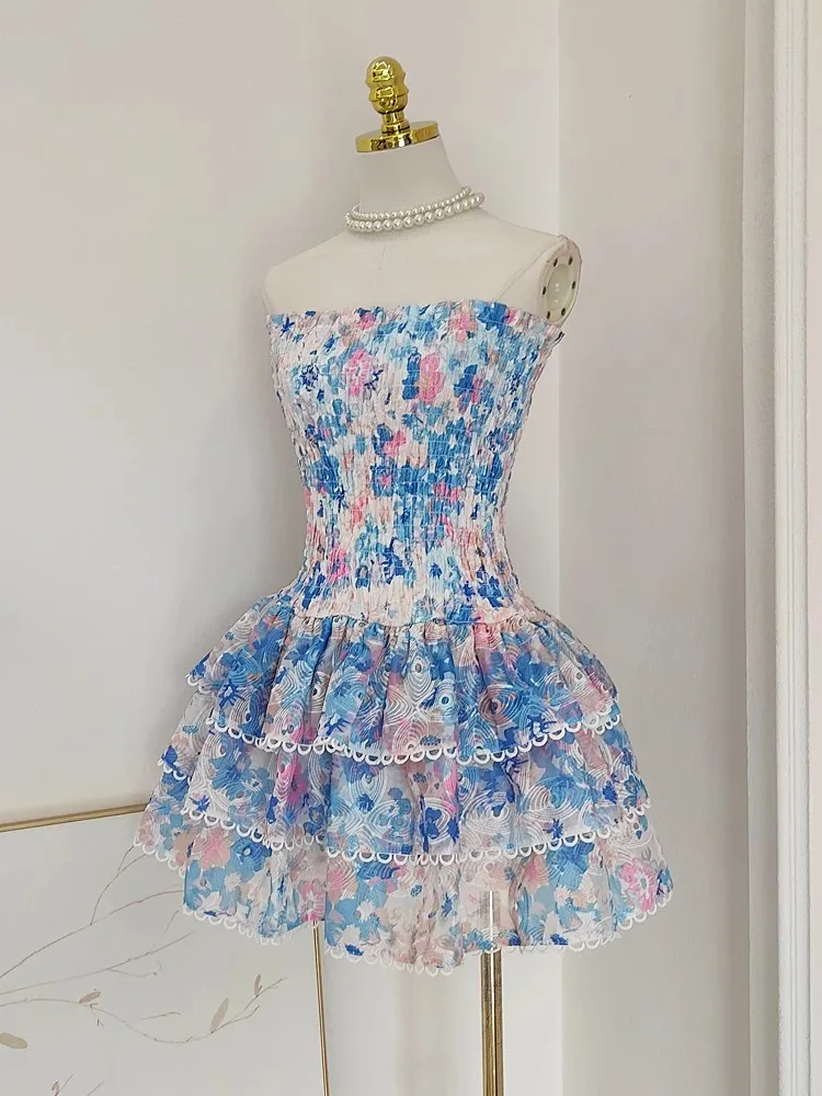 Urban Sexy Women' Dresses Summer Sundress Sexy Embroidery Floral Short Cake Dress Women Beach Halter Backless Stretch Flower Ruffles Layer Party 