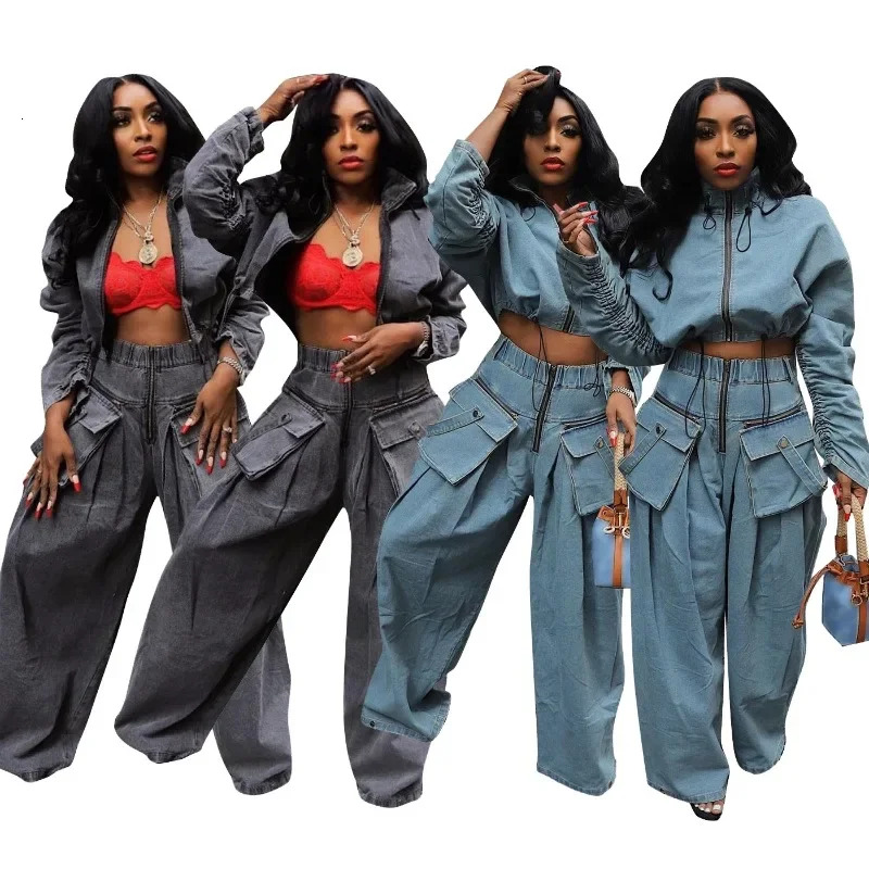 Casual Loose Denim Two Piece Set For Women Streetwear 2023 Autumn Zipper High Collar Crop Top Elastic Waist Wide Leg Cargo Pants