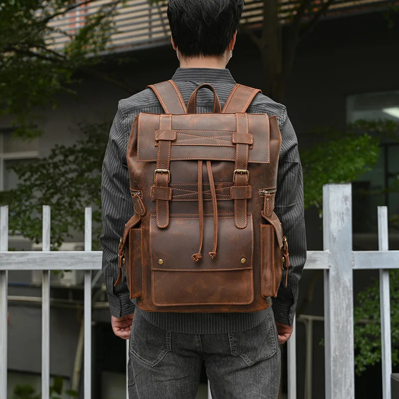 Mens retro backpack genuine leather student backpack large capacity travel bag 16 inch laptop bag 241206