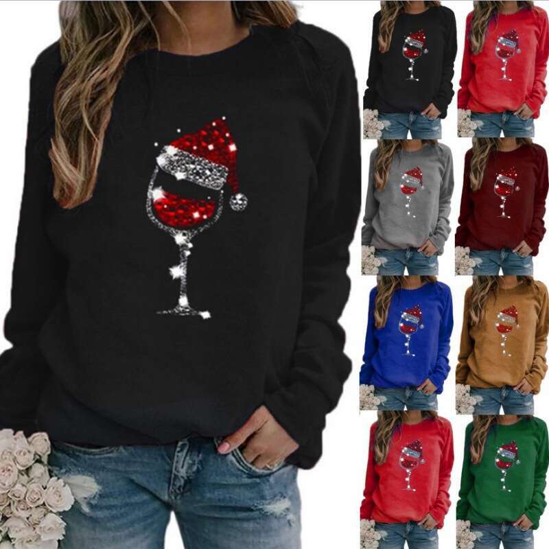 Autumn/Winter European and American Christmas Wine Cup Printed Long Sleeve Round Neck T-shirt Women's Wear 2024 New Casual Versatile Fashion Clot