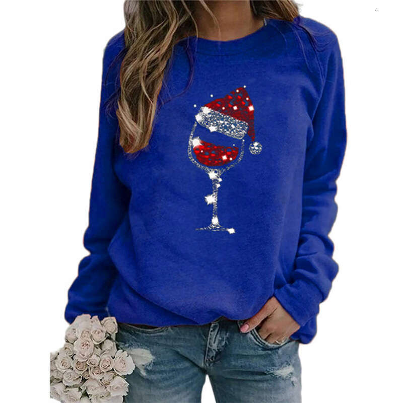 Autumn/Winter European and American Christmas Wine Cup Printed Long Sleeve Round Neck T-shirt Women's Wear 2024 New Casual Versatile Fashion Clot