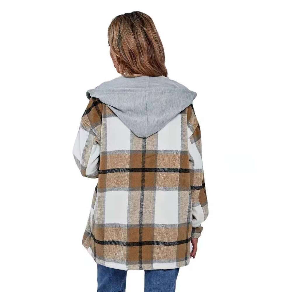 European American autumn winter plaid flannel woolen hooded jacket for women, 2024 new casual and versatile fashion clothing