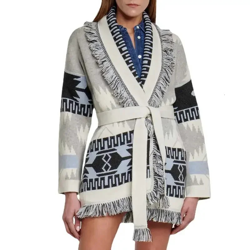 White Grey Oversized Knitted Coat Fringe Hem Belted Women Streetwear Winter Cardigan Jacket