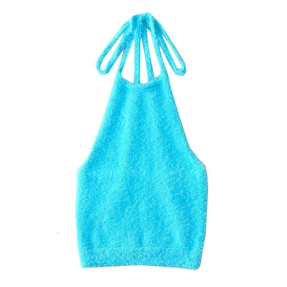 European and American INS sexy slim fit neck tied plush vest for women with backless knitted camisole 2024 new casual fashion trend clothing