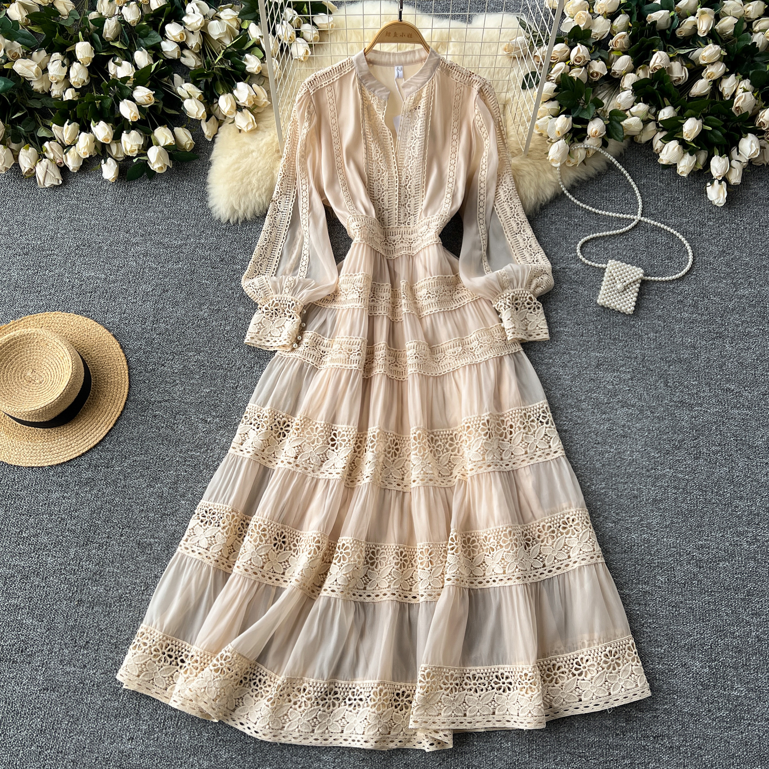 Casual Dresses Women Spring Holiday Hollow Out Embroidery Lace Splice Long Dress Women's V Neck Lantern Sleeve Zipper Evening Party Robe Vestidos