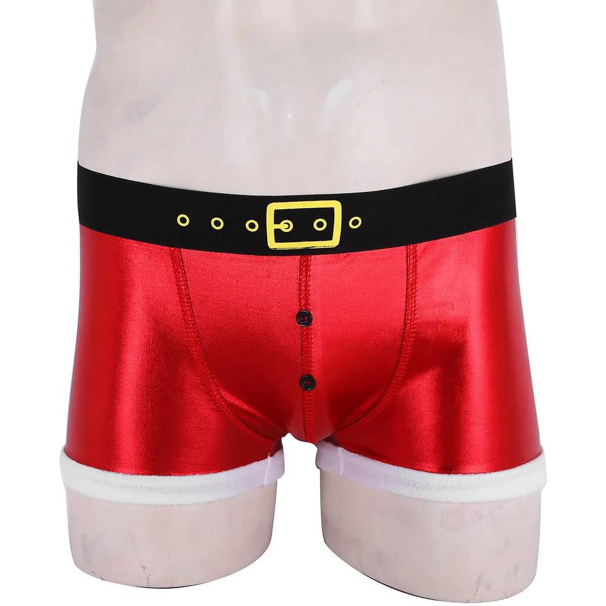 TiaoBug Red Mens Artificial Leather Printed with Pattern Santa Claus Party Clothing Boxing Shorts Underwear X241207