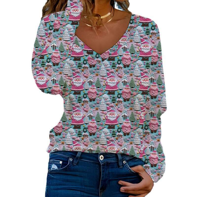 autumn winter European American Christmas print V-neck long sleeved women's T-shirt can be customized. 2024 new style chic and elegant clothing