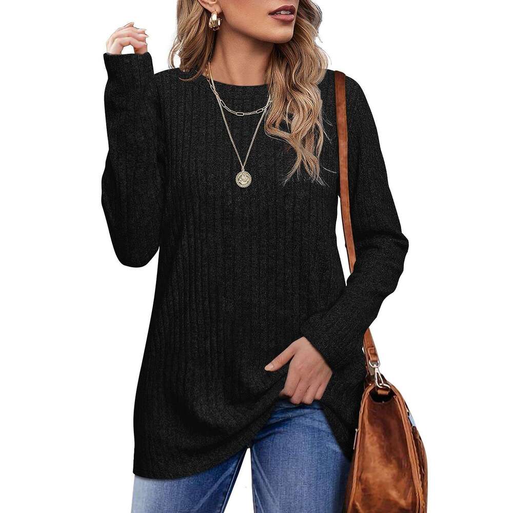 European American autumn and winter round neck brushed pit stripe solid color top long sleeved T-shirt for women 2024 temperament versatile new trendy