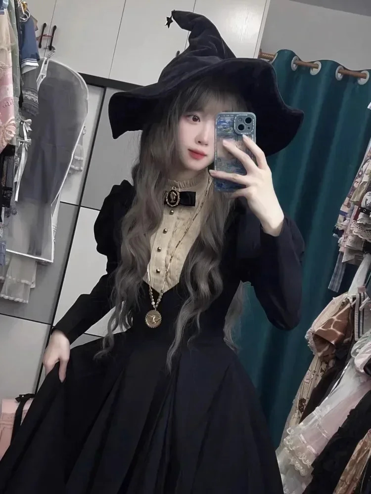 Gothic Punk Dark Style Lolita Womens Wear Harajuku Retro Black Long Bubble Sleeve Waist Folded Dress Autumn/Winter 241205