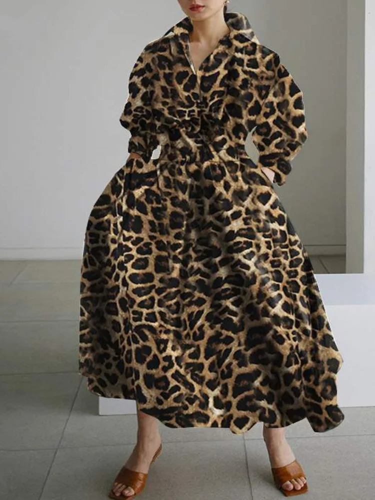 UCXQ Fashion Leopard Print Dress European Style Cotton Lamian Noodles Loose Full Elegant Dress Women Spring Summer 8682 241206