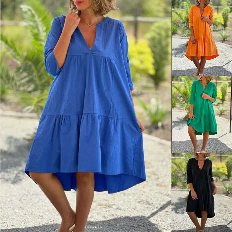 summer European American women's fresh sweet V-neck solid color cotton and en large swing long dress 2024 new casual fashion trend clothing