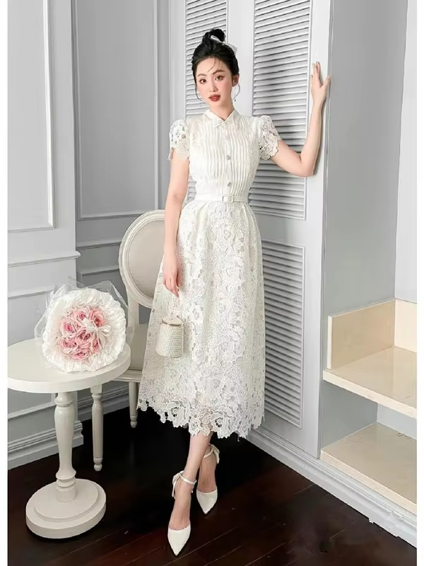 Basic Casual Dresses Runway 2025 Summer Flower Embroidery White Lace Evening Prom Holiday Dress Women Short Sleeve Pearls Bow Bead Vest