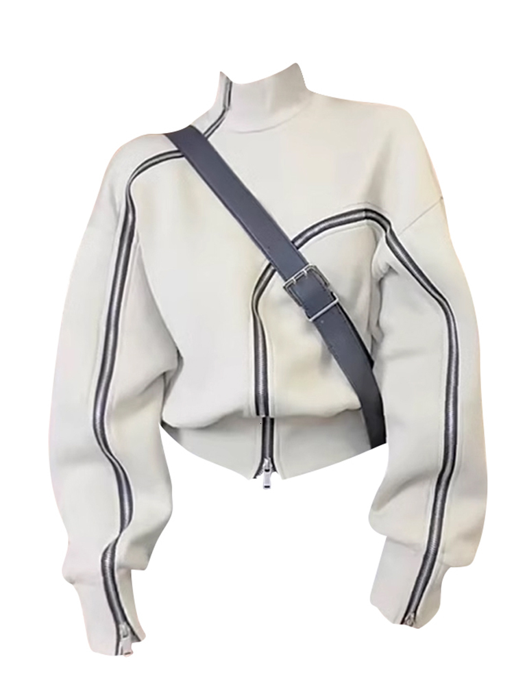 Autumn Winter Women Long Sleeve Turtleneck Sweatshirts American Vintage Pullovers Designer 2000S Aesthetic Zipper Design Y2k New