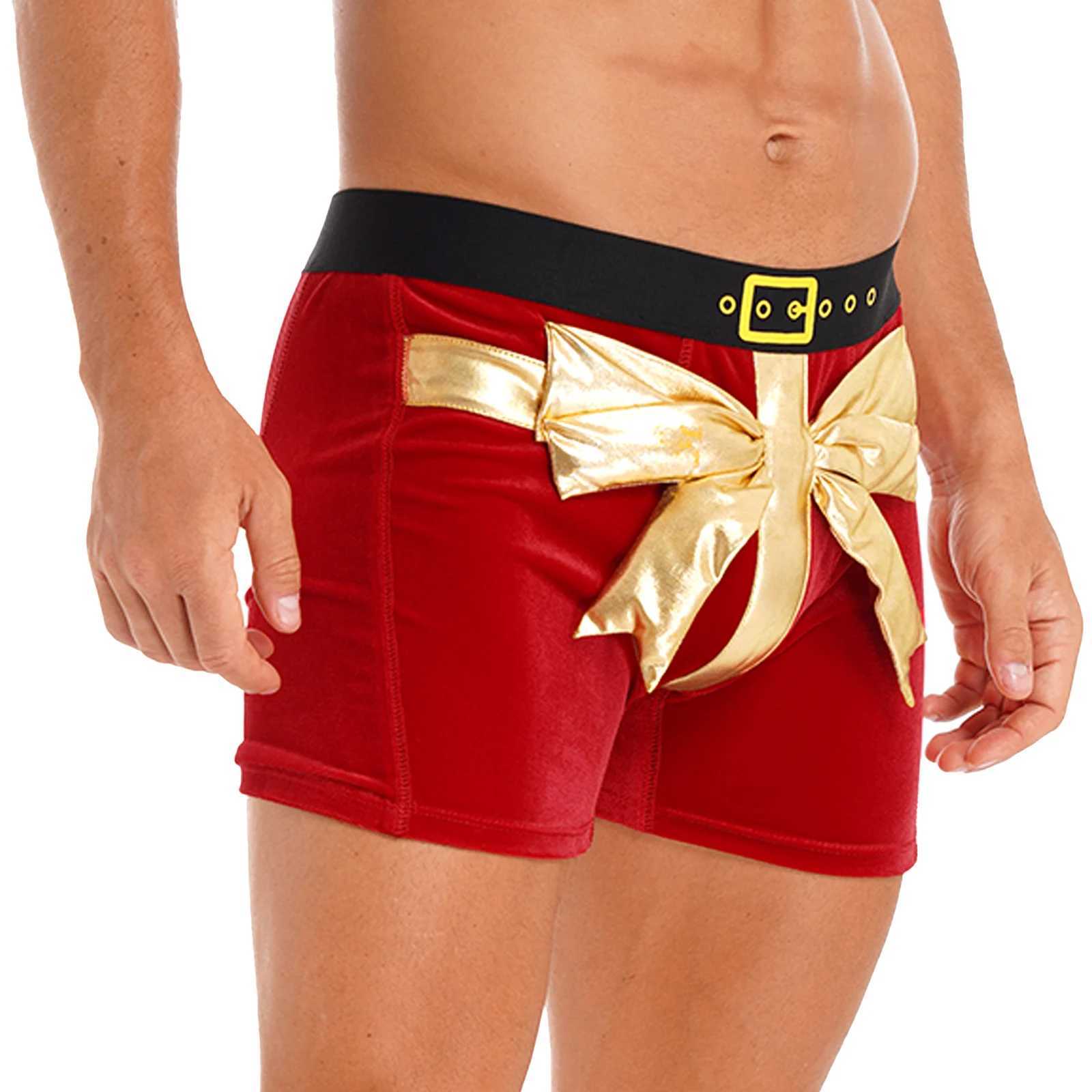 Mens Bow Velvet Boxer Briefing Christmas Holiday Santa Claus Theme Party Costume Fun Wide Elastic Belt Shorts Underwear X241207