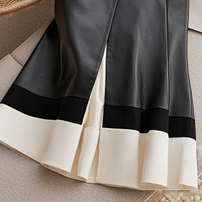 Leather Women Skirts Ruffles Contrast Color Patchwork Faldas Mujer High Waist Korean Fashion Retro Winter Long Skirt