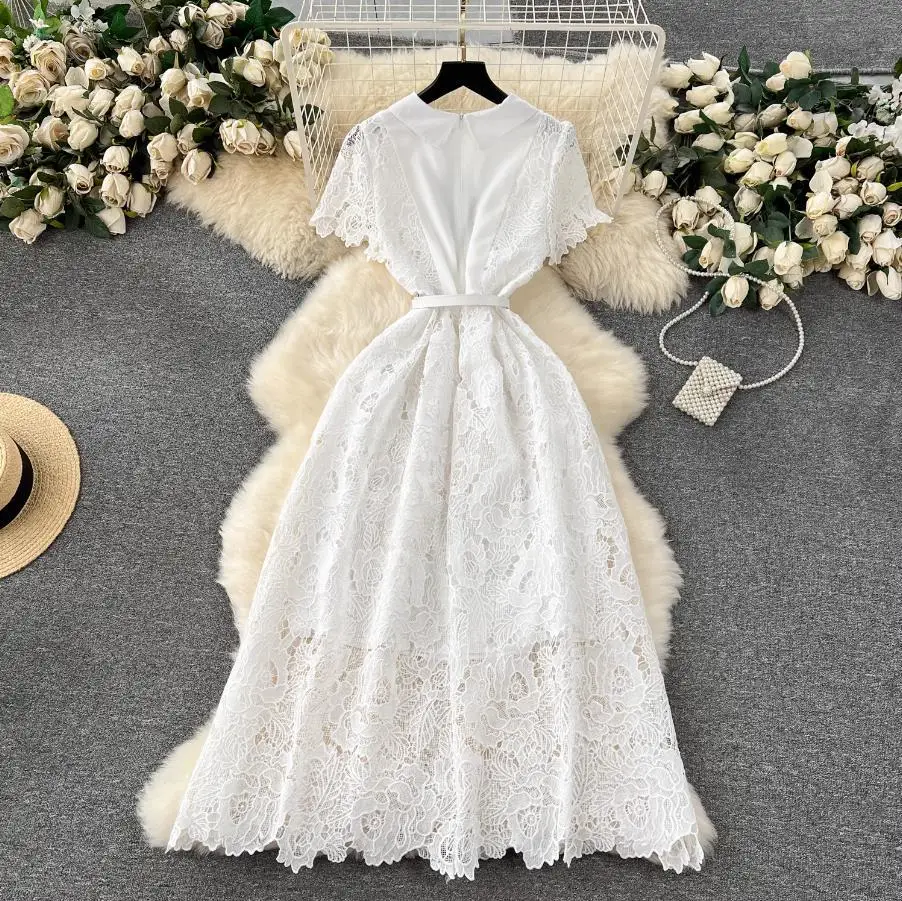Basic Casual Dresses Runway 2025 Summer Flower Embroidery White Lace Evening Prom Holiday Dress Women Short Sleeve Pearls Bow Bead Vest