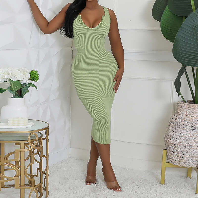 Summer European and American Fashionable Elastic Sexy U-neck Sleeveless Slimming Dress 2024 New Casual Fashion Trendy Clothing