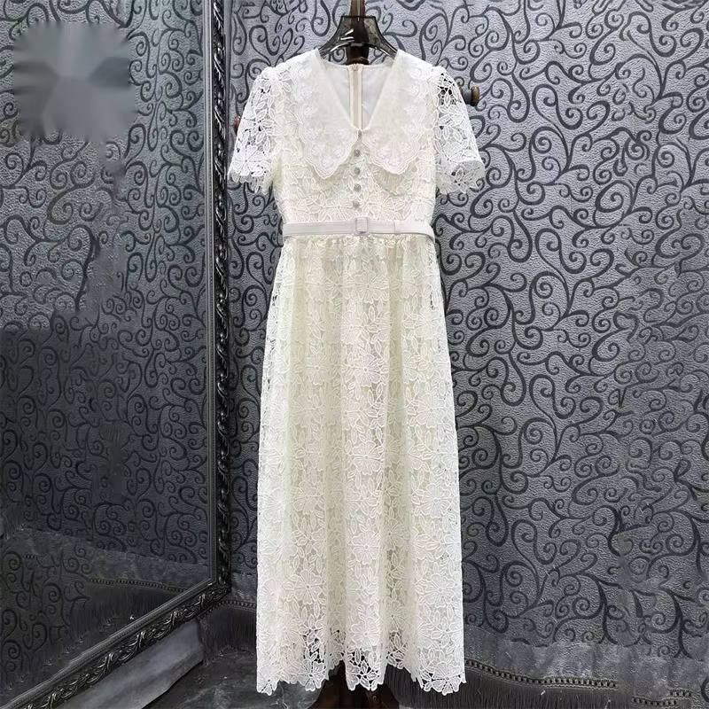 Prom Dress Women Runway Designer Quality Button Dias Long Party Summer Holiday Elegant Short Sleeve Midi Dresses Retro 2025