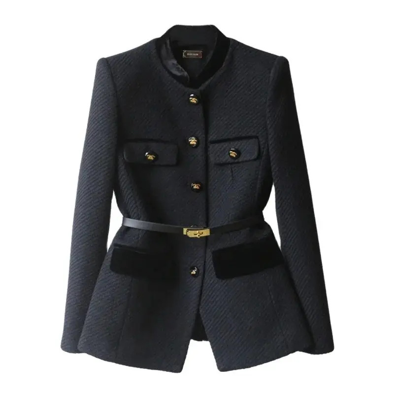 2024Autumn Winter Woolen Coat MidLong The Waist Fashion Women Button Pure Colour Black Temperament Outerwear Female 241202