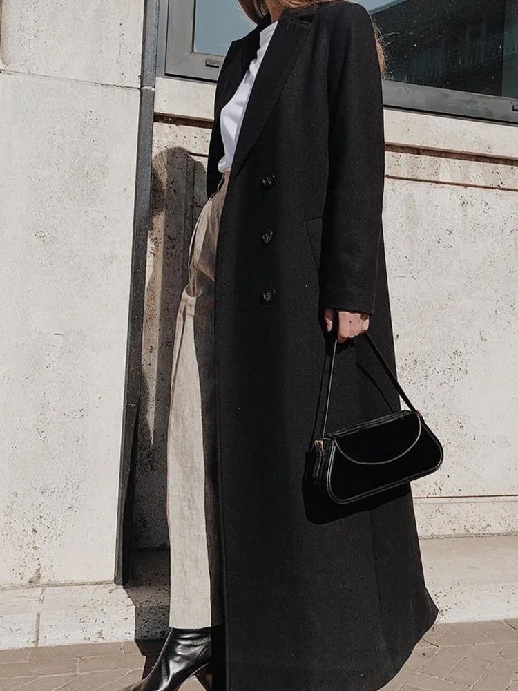DFDG 2024 Women Retro Style Straight Tube Super Long Temperament Over The Knee Wool Trench Coat Black Suit Jacket Woman 241202