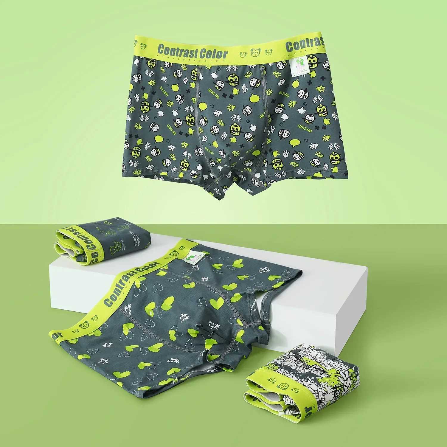 Mens underwear boxer shorts mens cotton underwear green cartoon underwear moisturizing willow breathable boxer underwear X241207