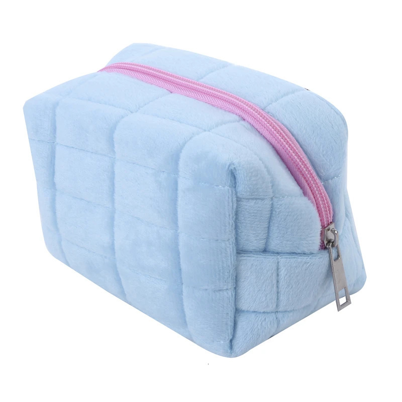 Cute fur makeup bag womens zipper large solid color travel plush 241206