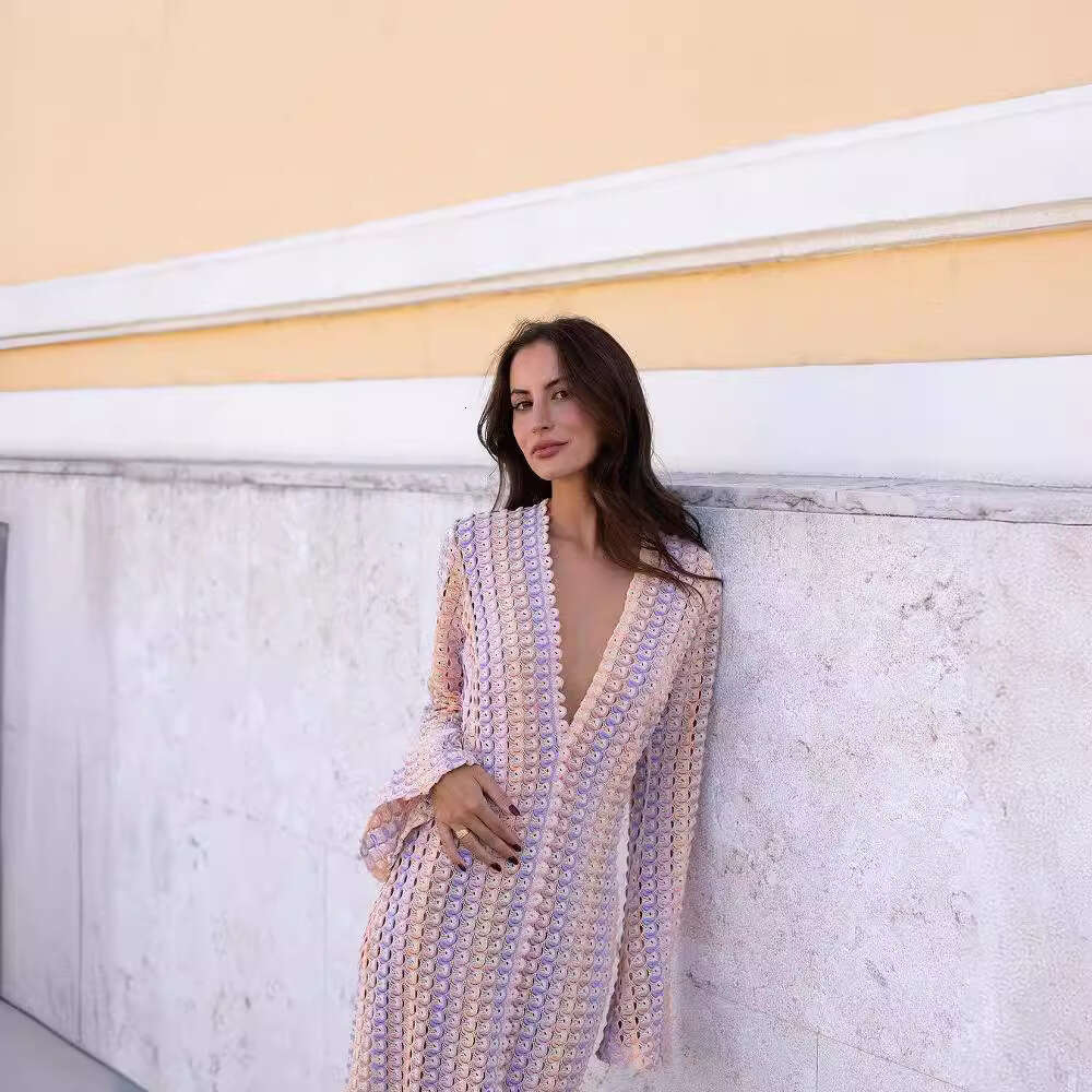 European and American popular contrasting lace hollow out low cut front slit jumpsuit long skirt 2024 new casual versatile fashion clothing