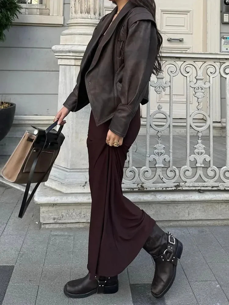 Fashion Leather Short Jacket With Belt Woman Lace Up Lapel Long Sleeve Motorcycle Coat Lady Winter Warm Street Outerwear 241205