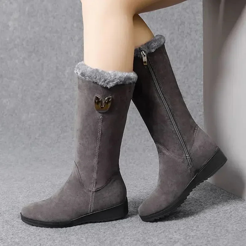 Fashionable womens warm Chelsea high wool leather boots 2024 midrange plush snow flat Zapatos Para Mujeres 241206